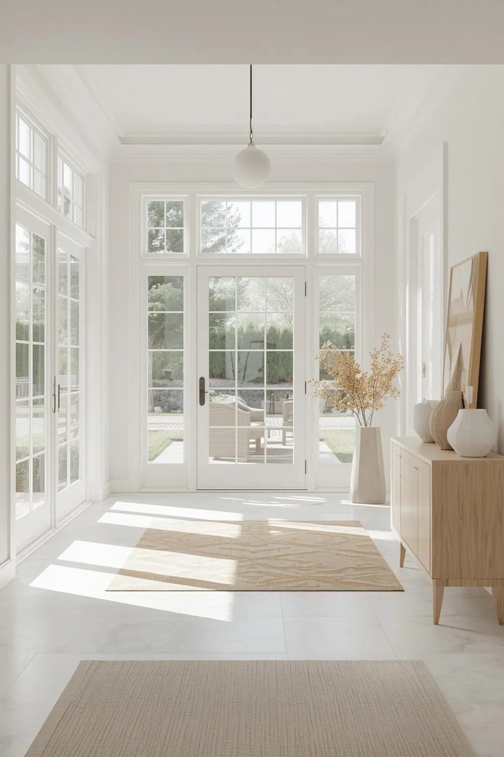 Light-filled foyer with white walls, natural sunlight, and minimalist decor.