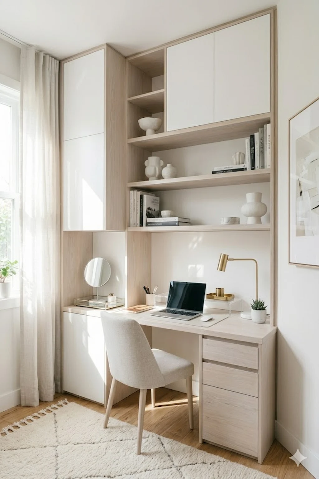 Bright and airy study area with white furniture and natural light