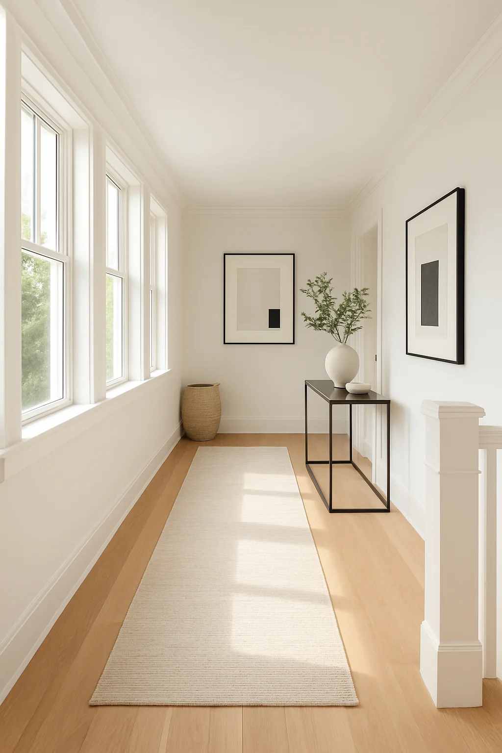 Light-filled upstairs hallway with white walls, natural light, and minimal decor creating an open spacious feel