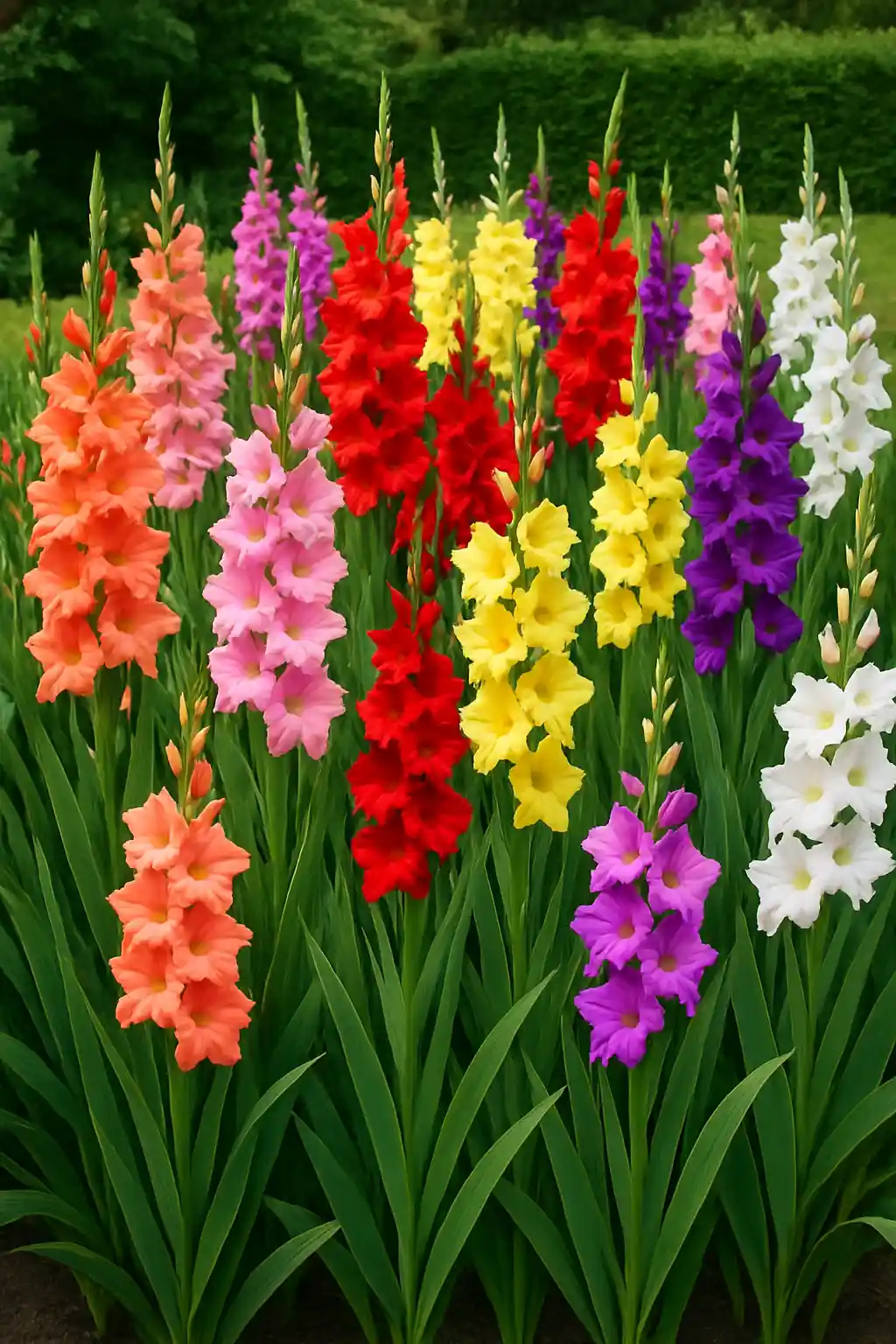Dedicated flower bed featuring multiple gladiolus varieties