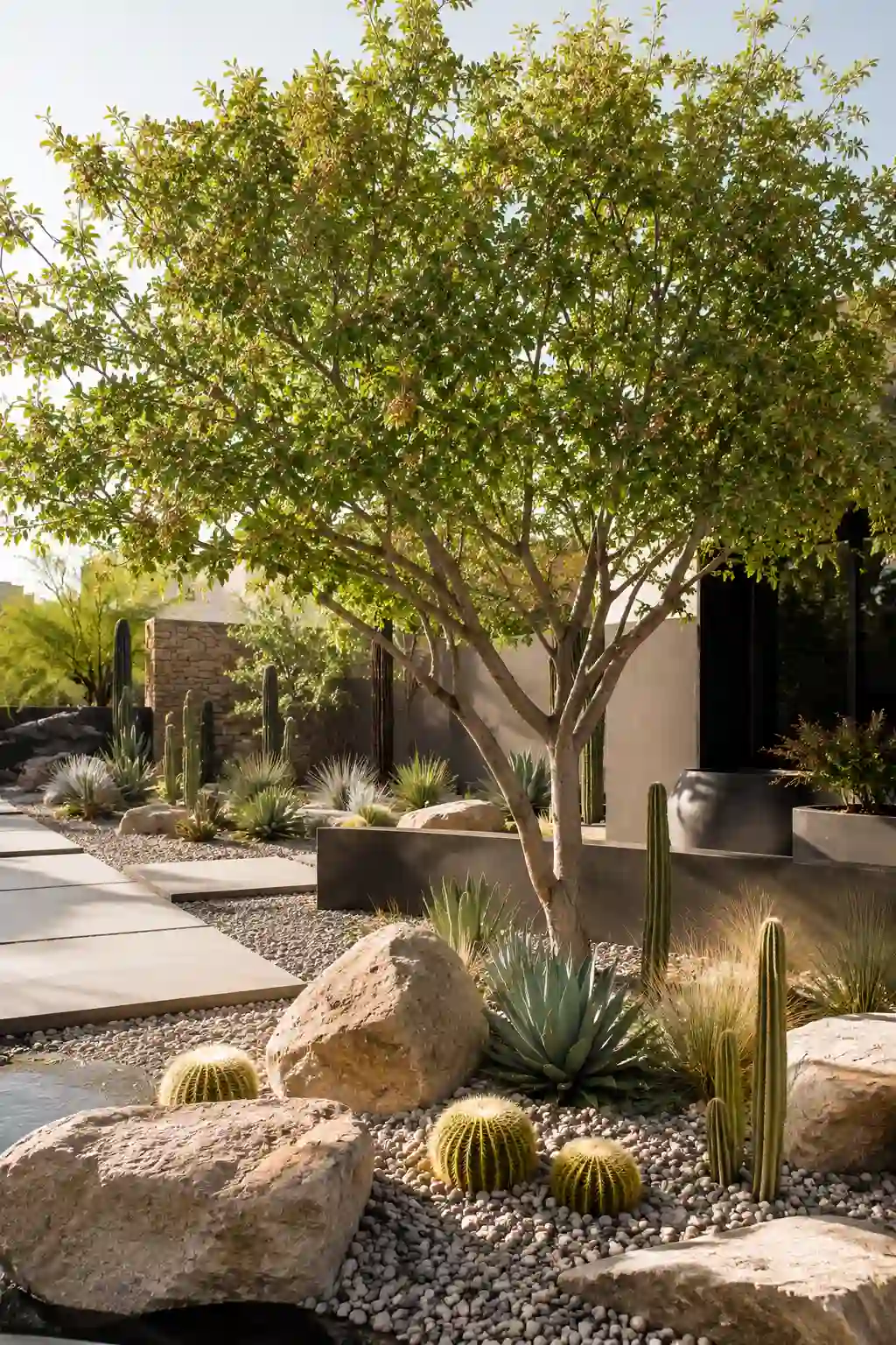 Desert-style landscape with pistachio tree, succulents, and gravel