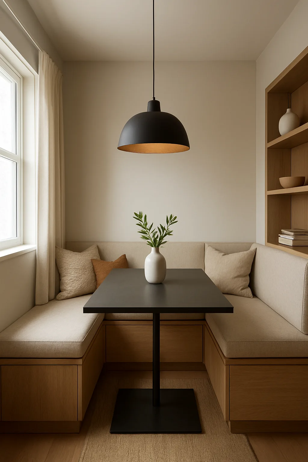 Modern dining room with built-in bench seating and hidden storage