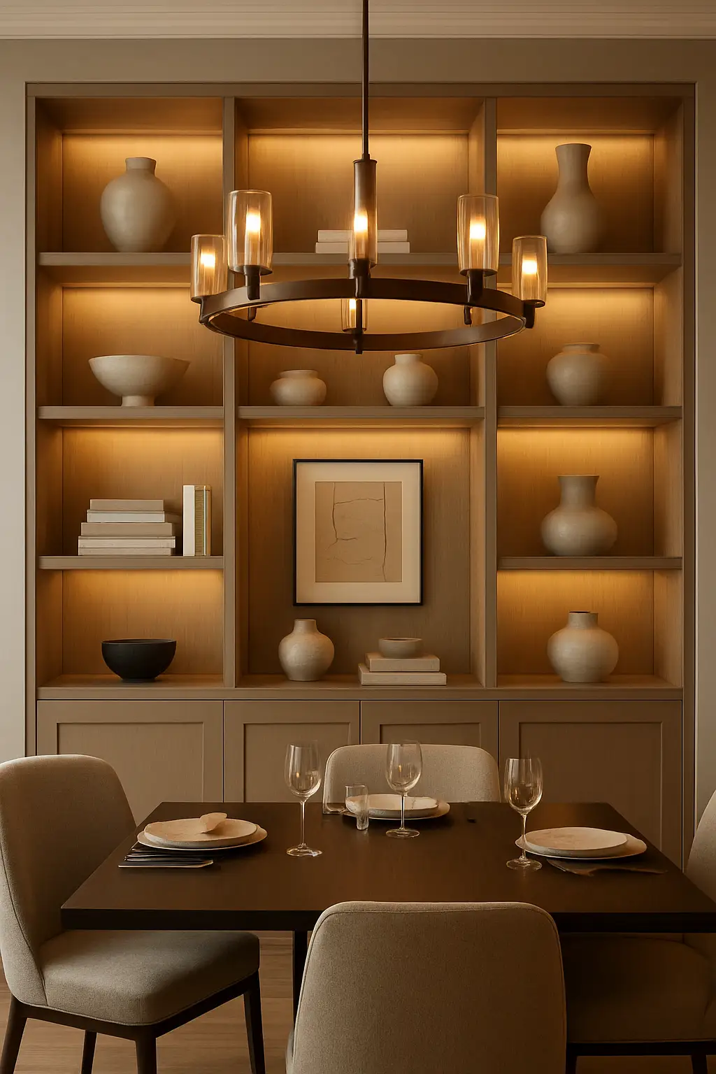 Dining area with built-in shelving displaying decorative objects and artwork