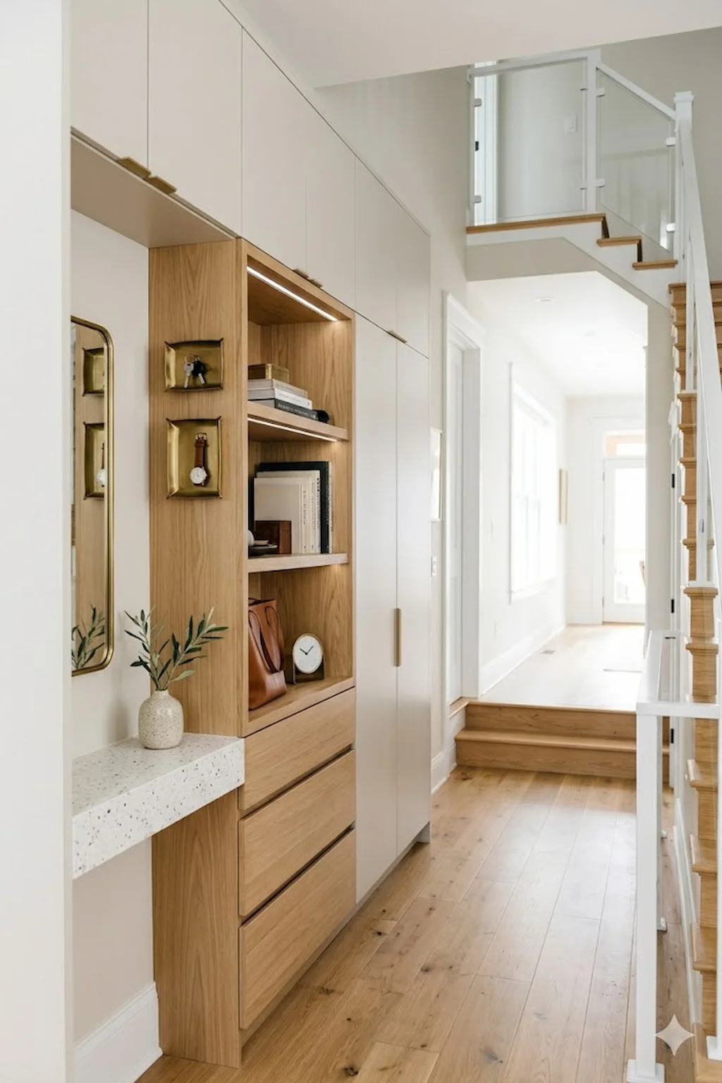 Functional hallway featuring custom built-in storage cabinets and organized shelving