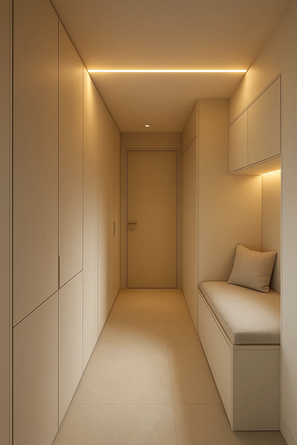 Tiny hallway with custom built-in storage cabinets and bench seating