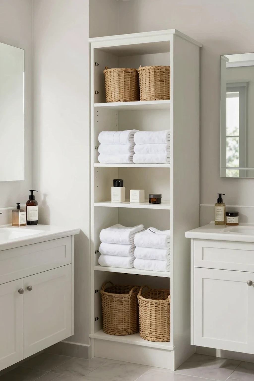 Bathroom with built-in linen cabinet organizing towels and toiletries efficiently