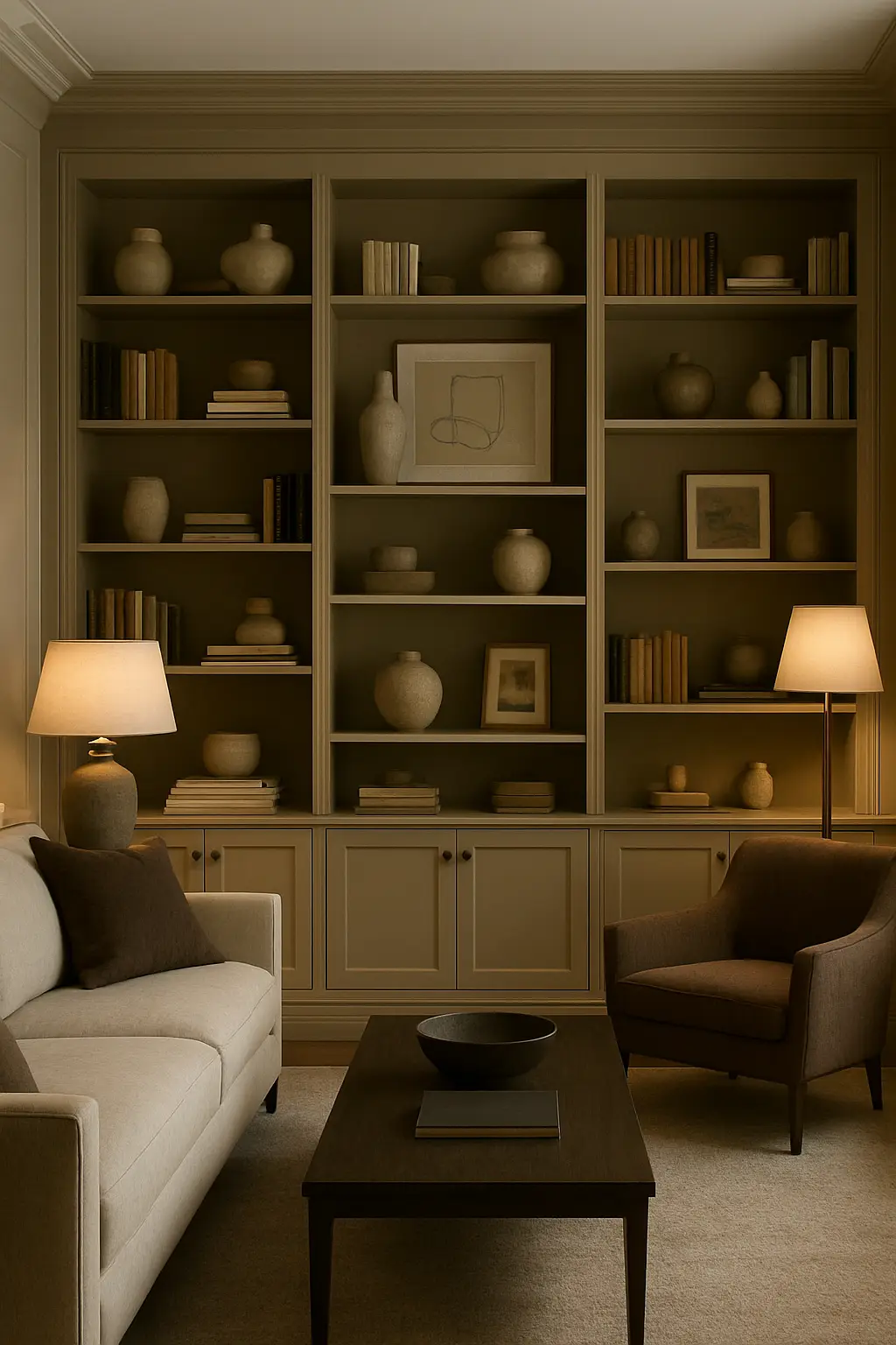 Custom built-in shelving filled with books, decor, and decorative accessories