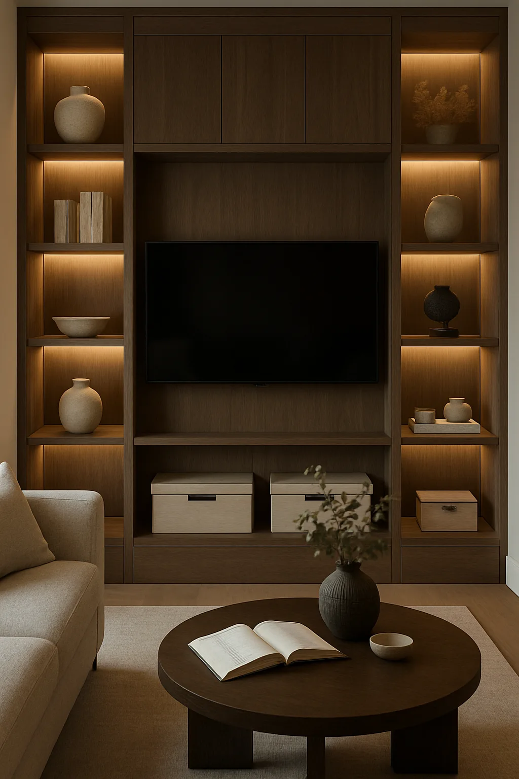 Small TV room featuring custom built-in shelving and storage surrounding the television