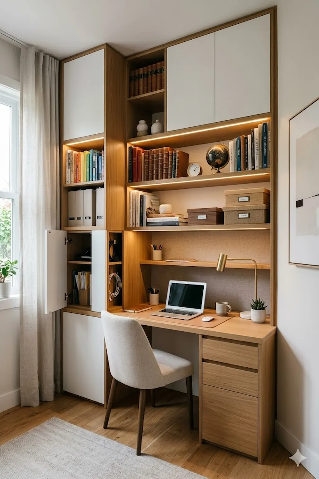 Built-in study station with shelves and integrated storage