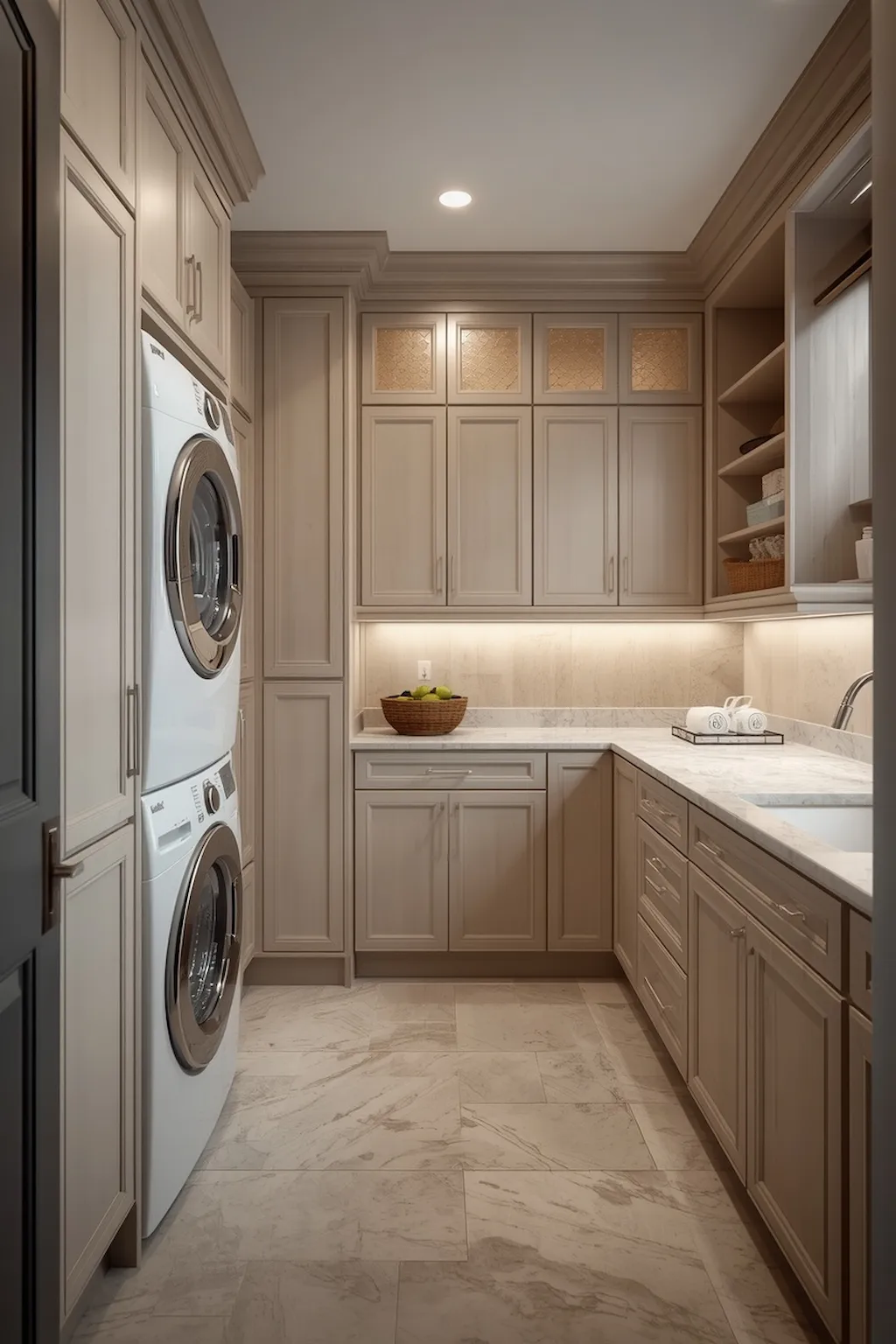 Laundry room with washer and dryer integrated into floor-to-ceiling custom cabinetry