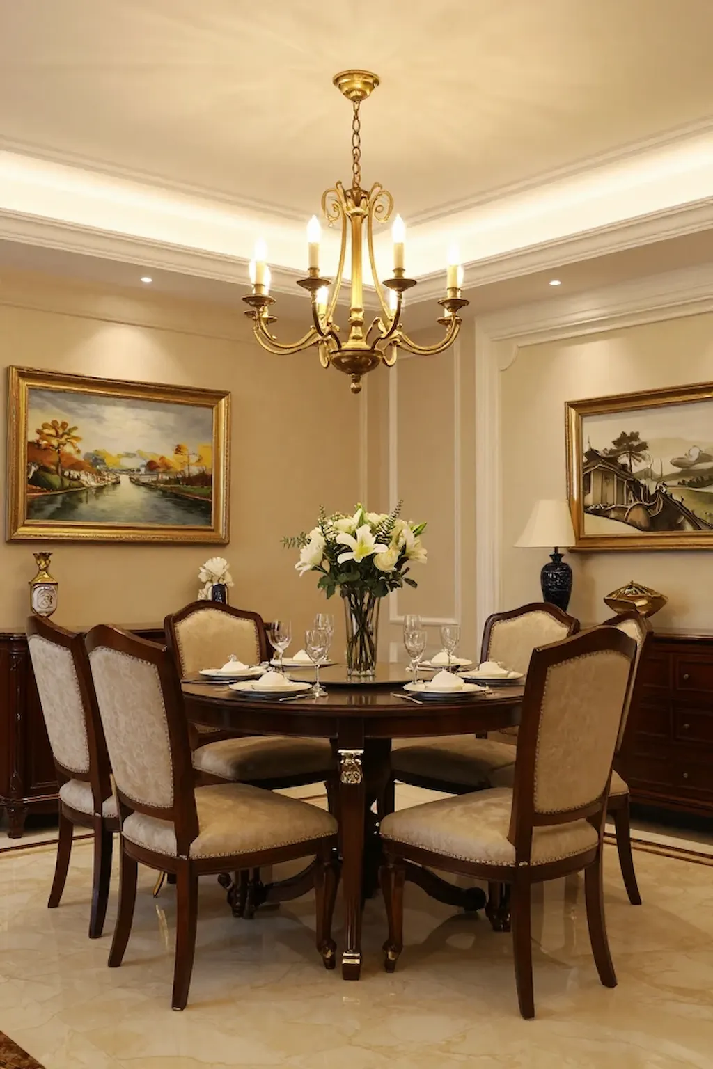 Traditional dining room illuminated by a candle-style chandelier