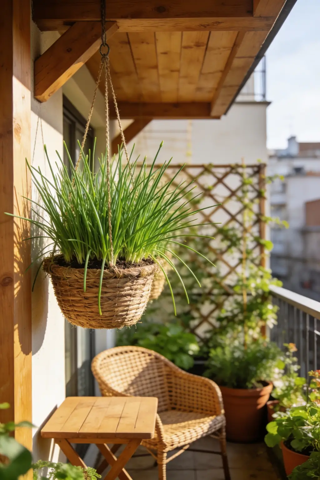 Healthy chive plants growing in hanging baskets on a sunny balcony