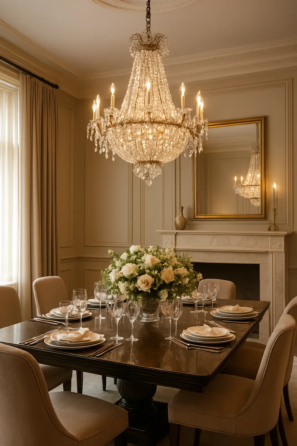 Luxury dining room decorated with a classic crystal chandelier