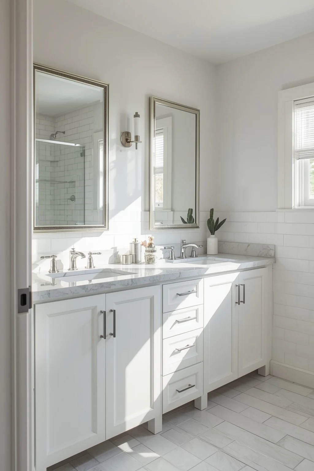 Bright bathroom featuring timeless white shaker cabinets with marble countertop