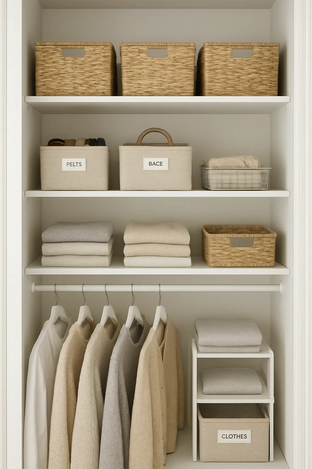 Closet shelves organized with matching storage baskets and labeled bins