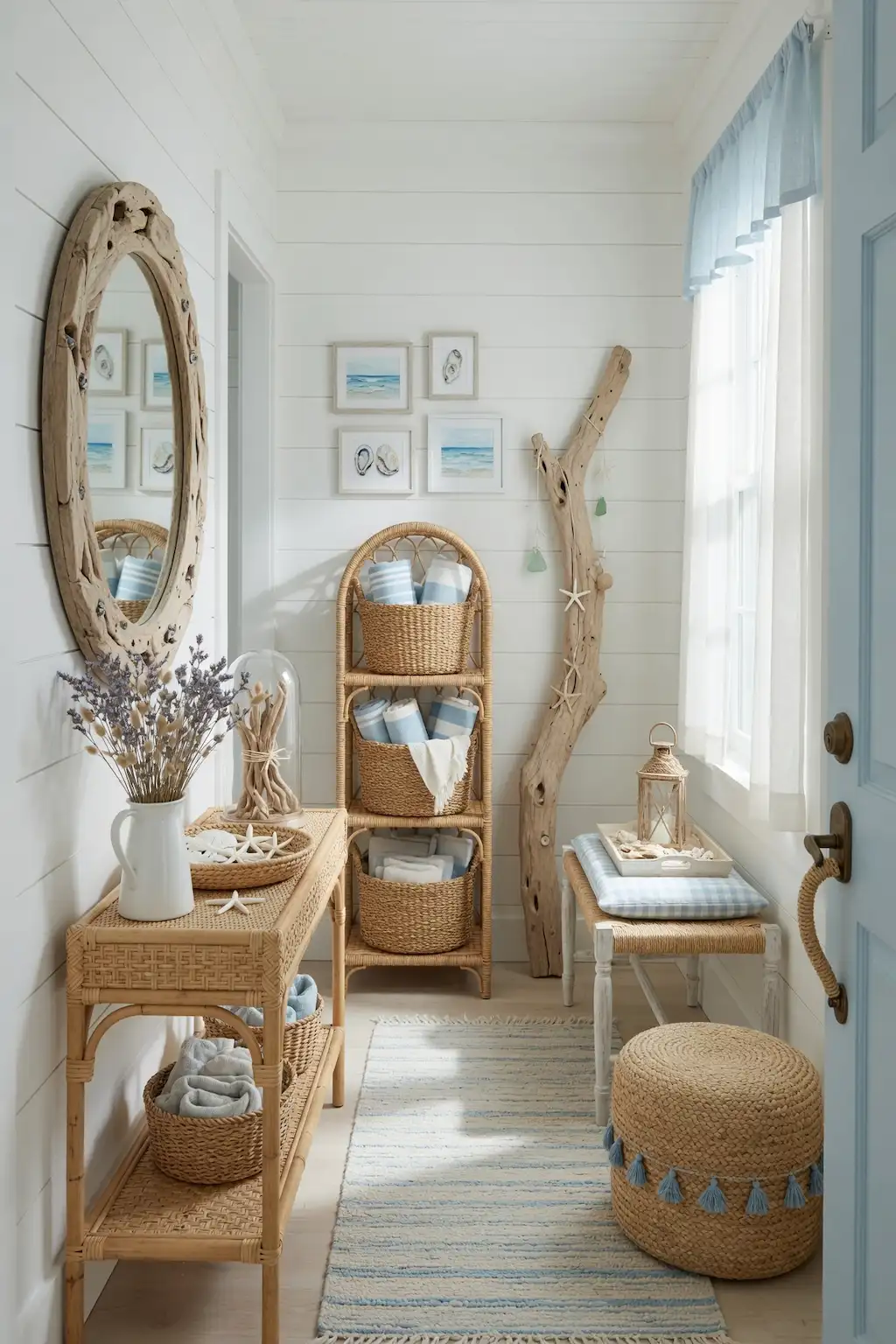 Coastal foyer with blue and white decor, natural textures, and airy styling