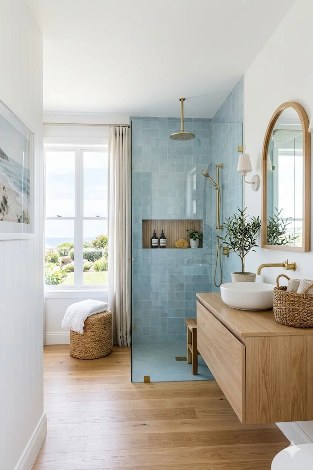 Beach-style walk-in shower with coastal colors and natural textures