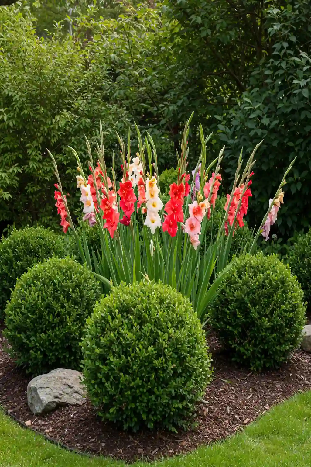 Gladiolus flowers growing alongside evergreen shrubs in a landscaped garden