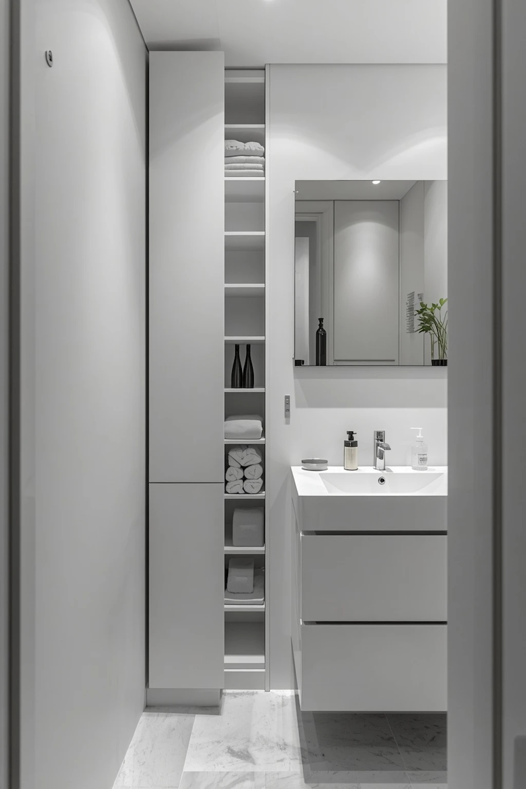 Small bathroom featuring a narrow cabinet designed to maximize storage in limited space