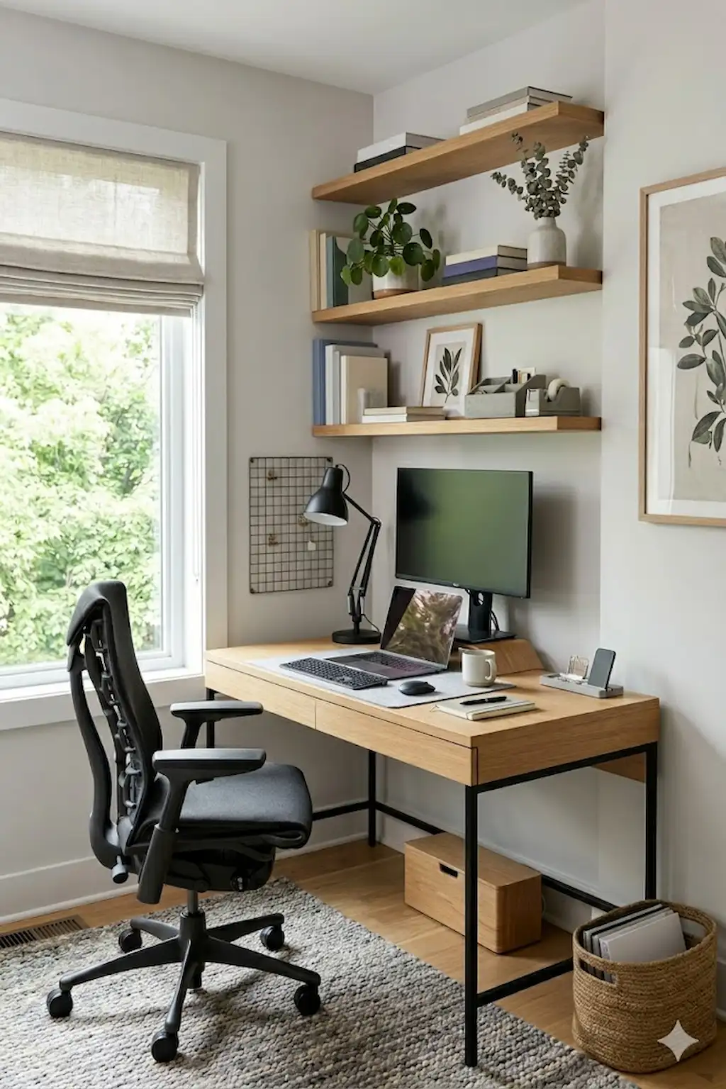Compact home office with ergonomic chair and organized desk