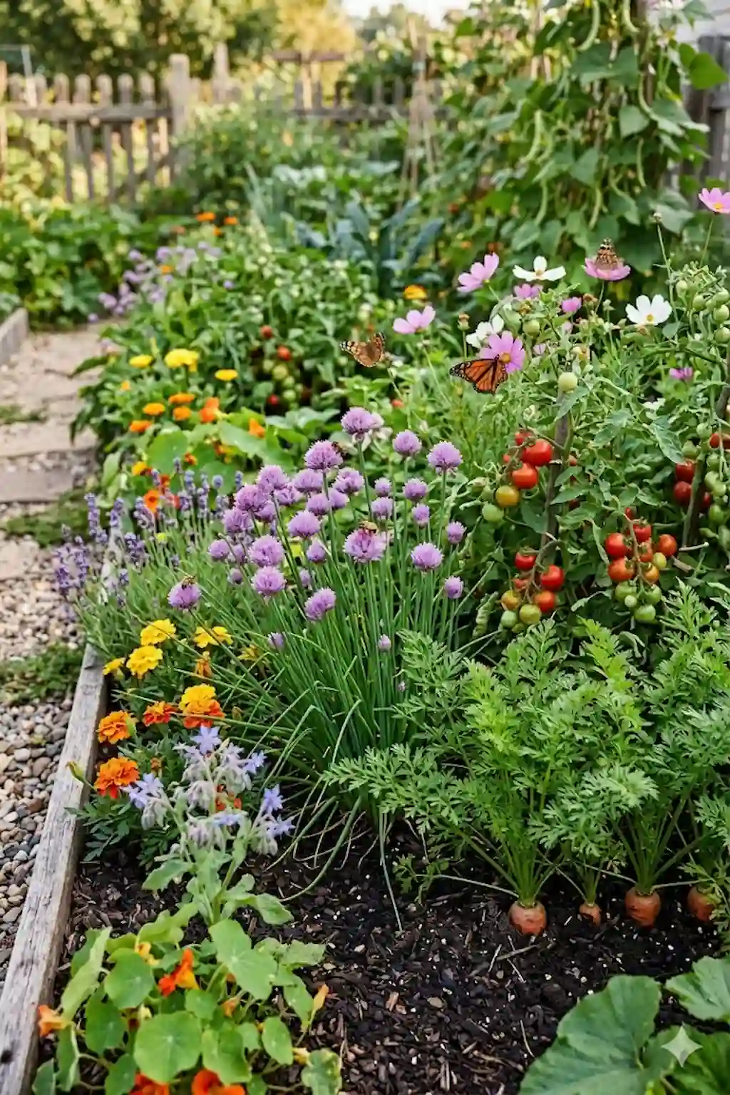 Chives growing beside vegetables and flowers in a thriving garden