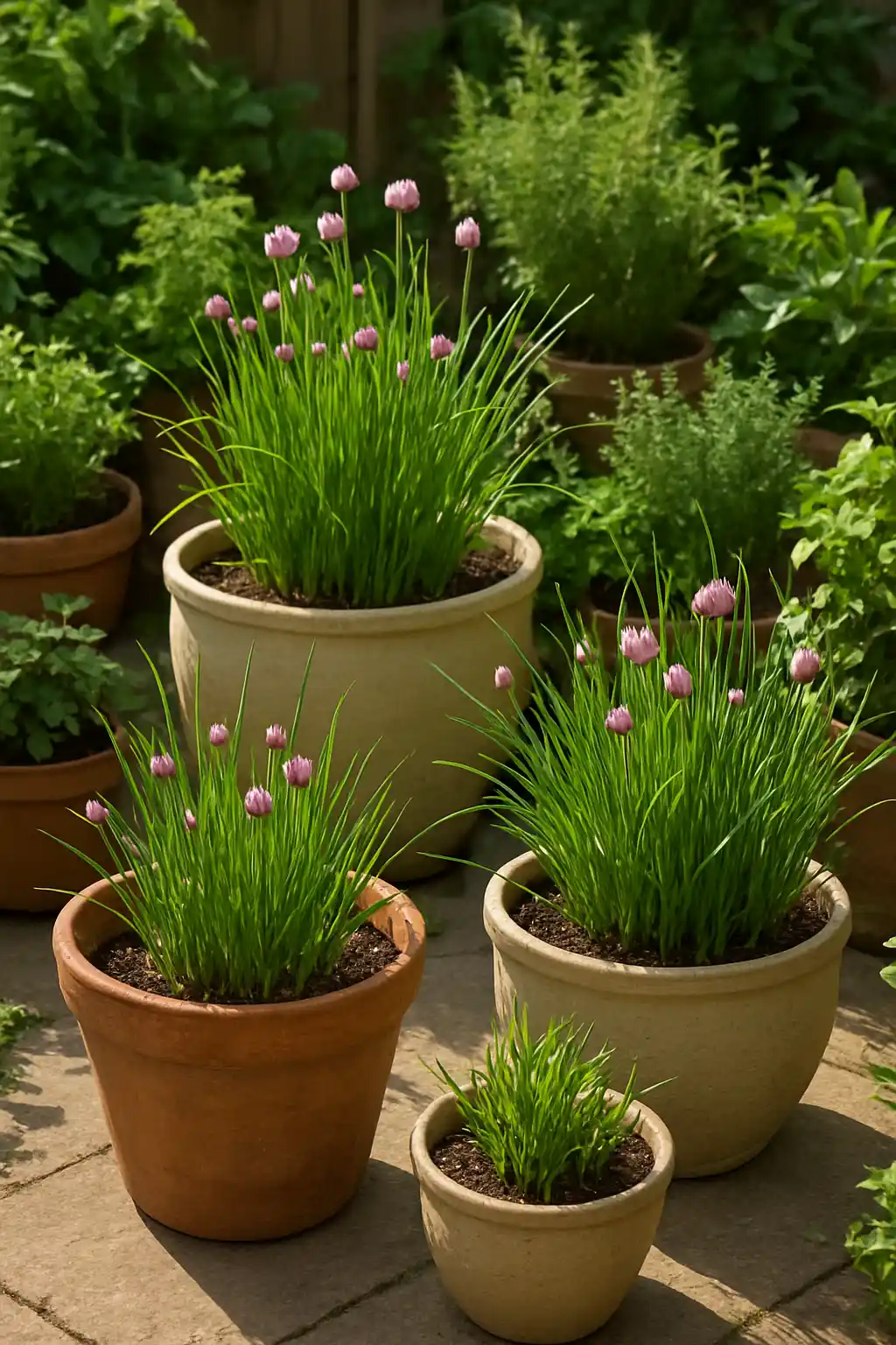 Chives growing in decorative containers on a patio garden