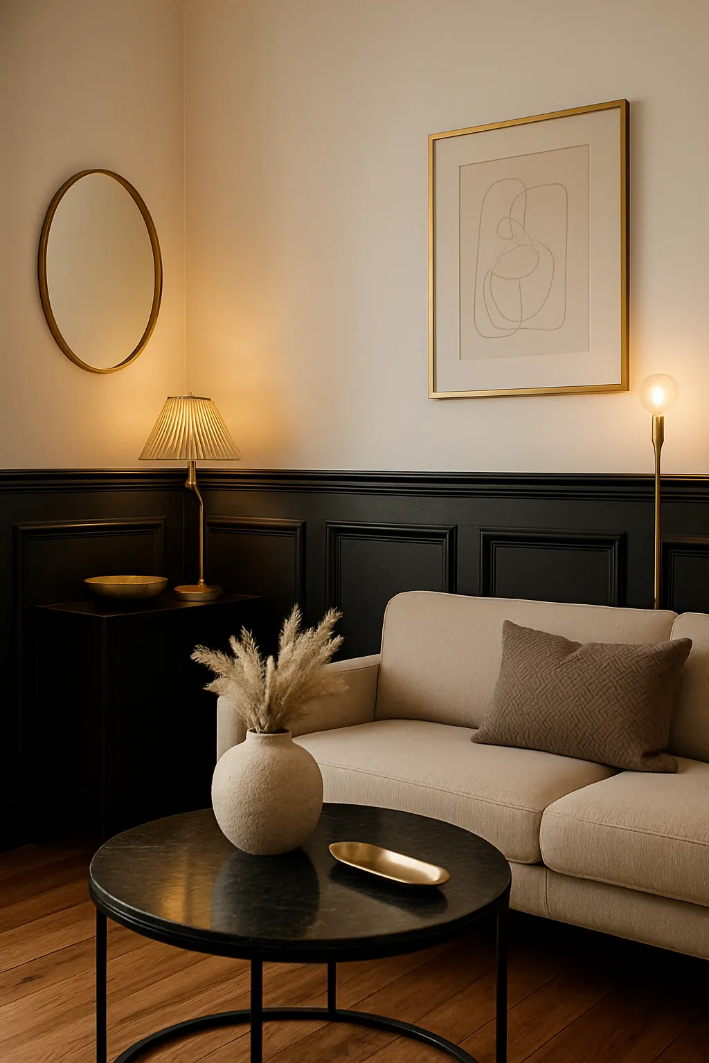 Modern interior featuring bold black wainscoting with brass accents