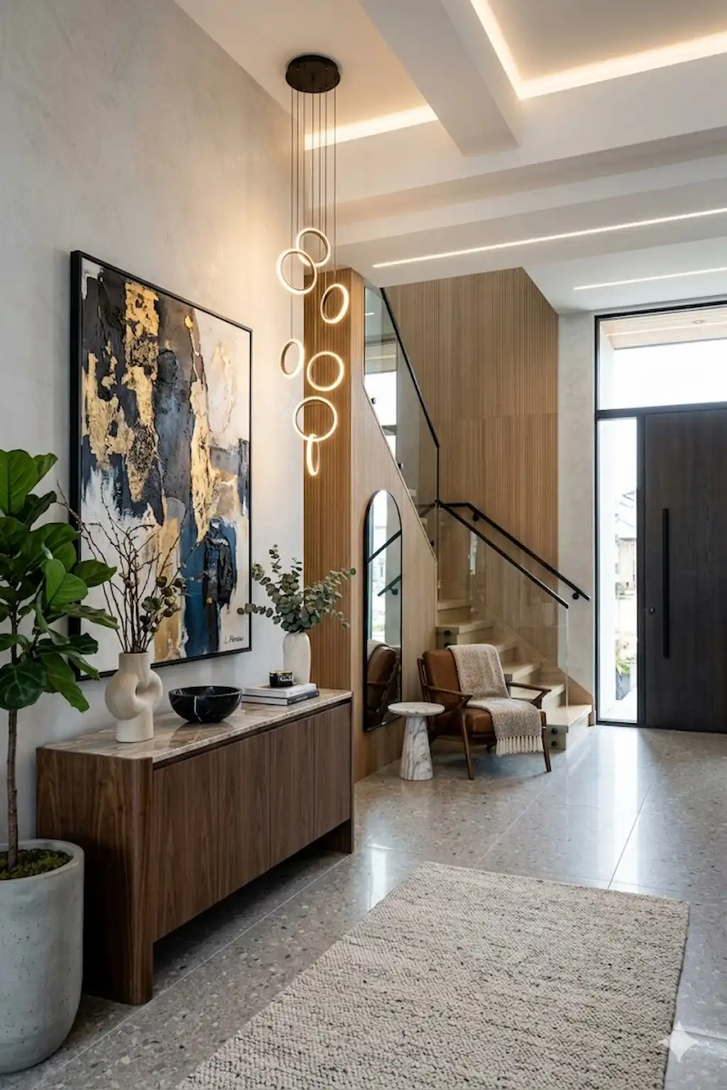 Sophisticated contemporary foyer with statement lighting and modern artwork