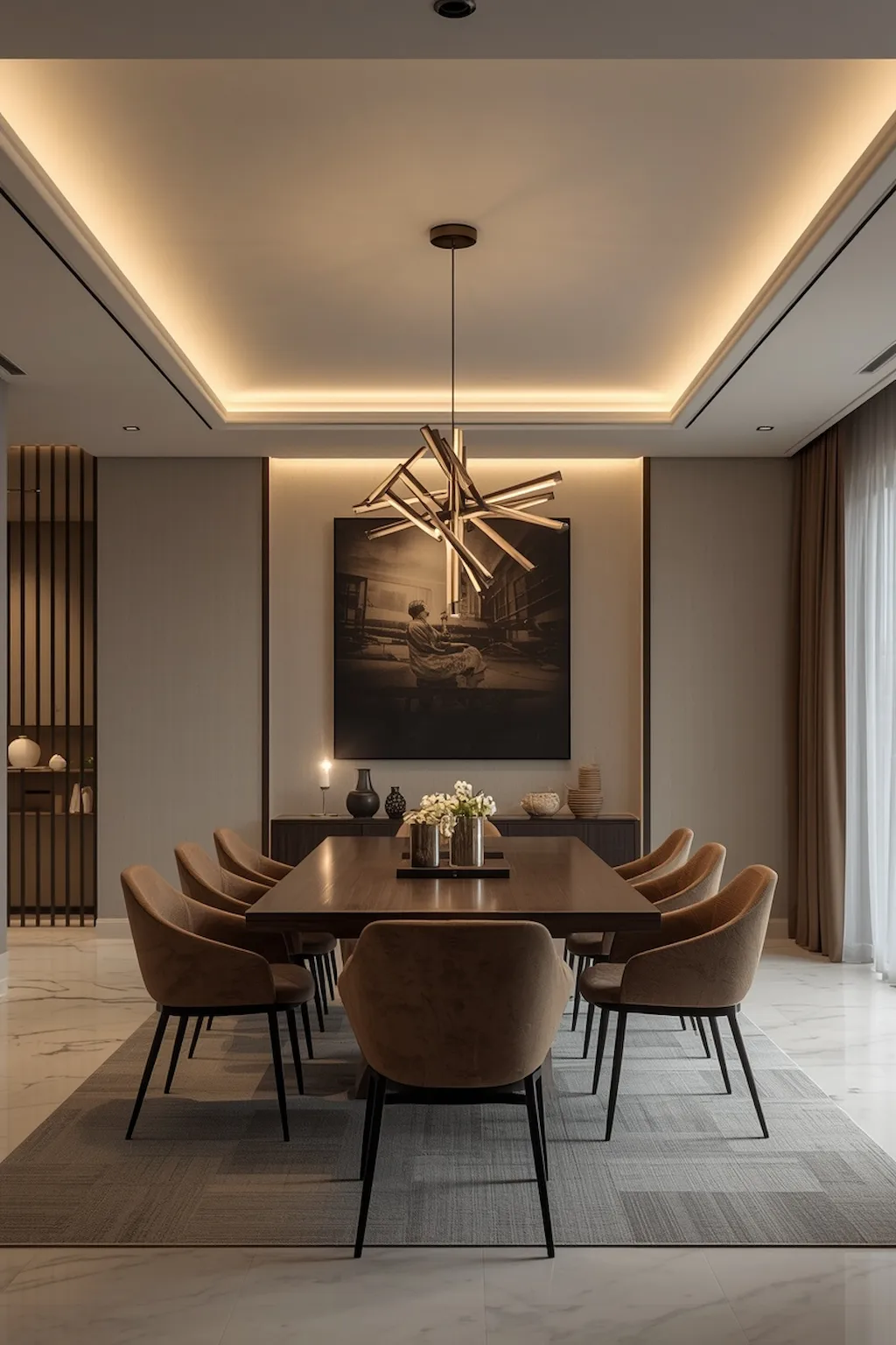 Modern dining room with a sculptural LED lighting fixture