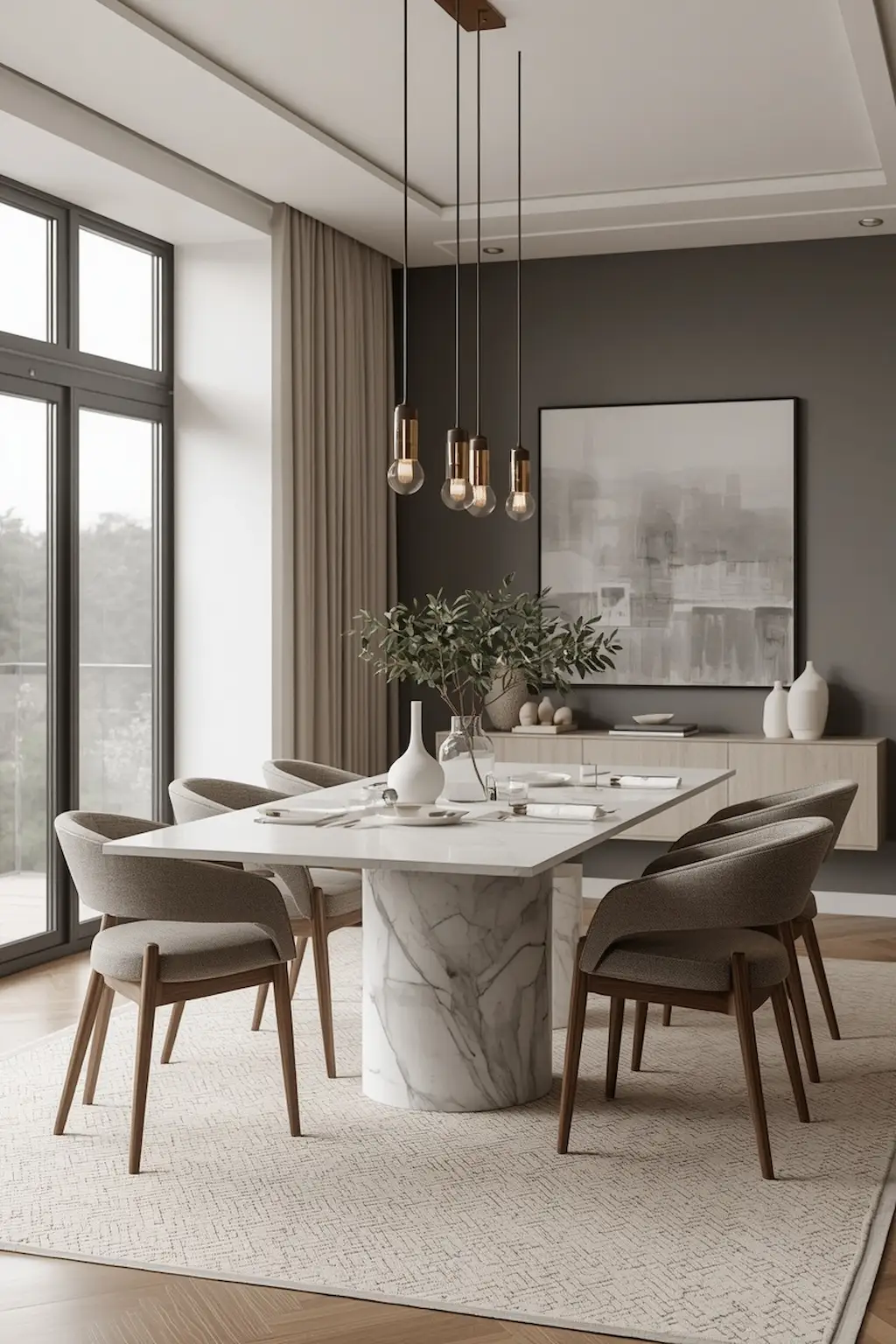 Sophisticated Scandinavian dining room with modern furniture and luxury finishes
