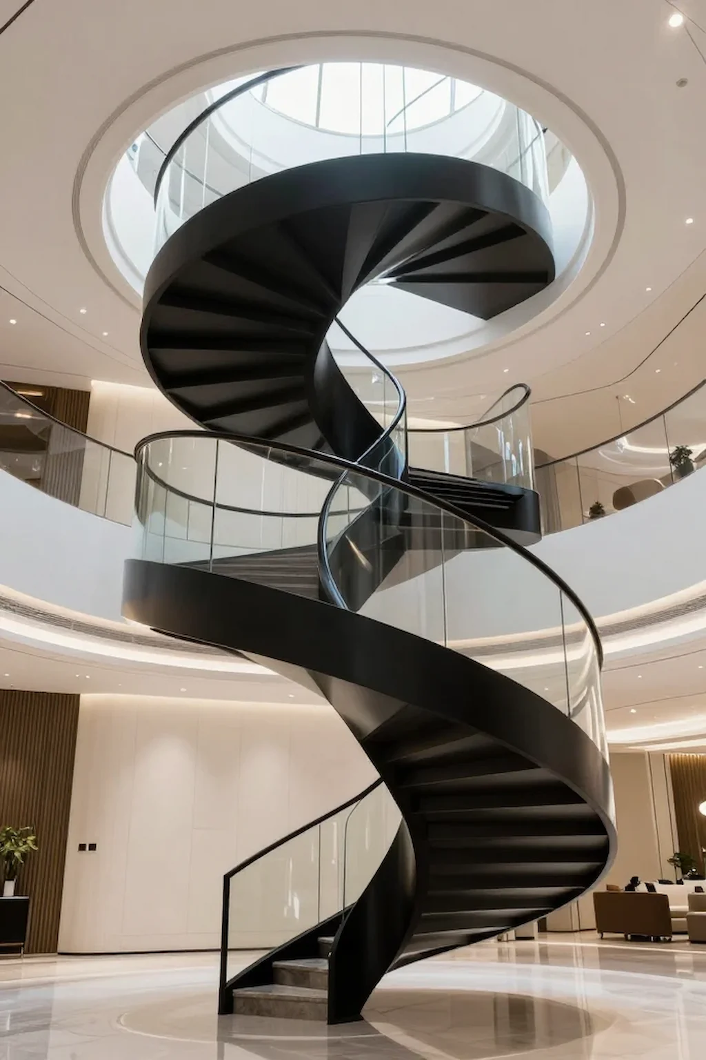 Modern spiral staircase featuring sleek metal construction and architectural elegance