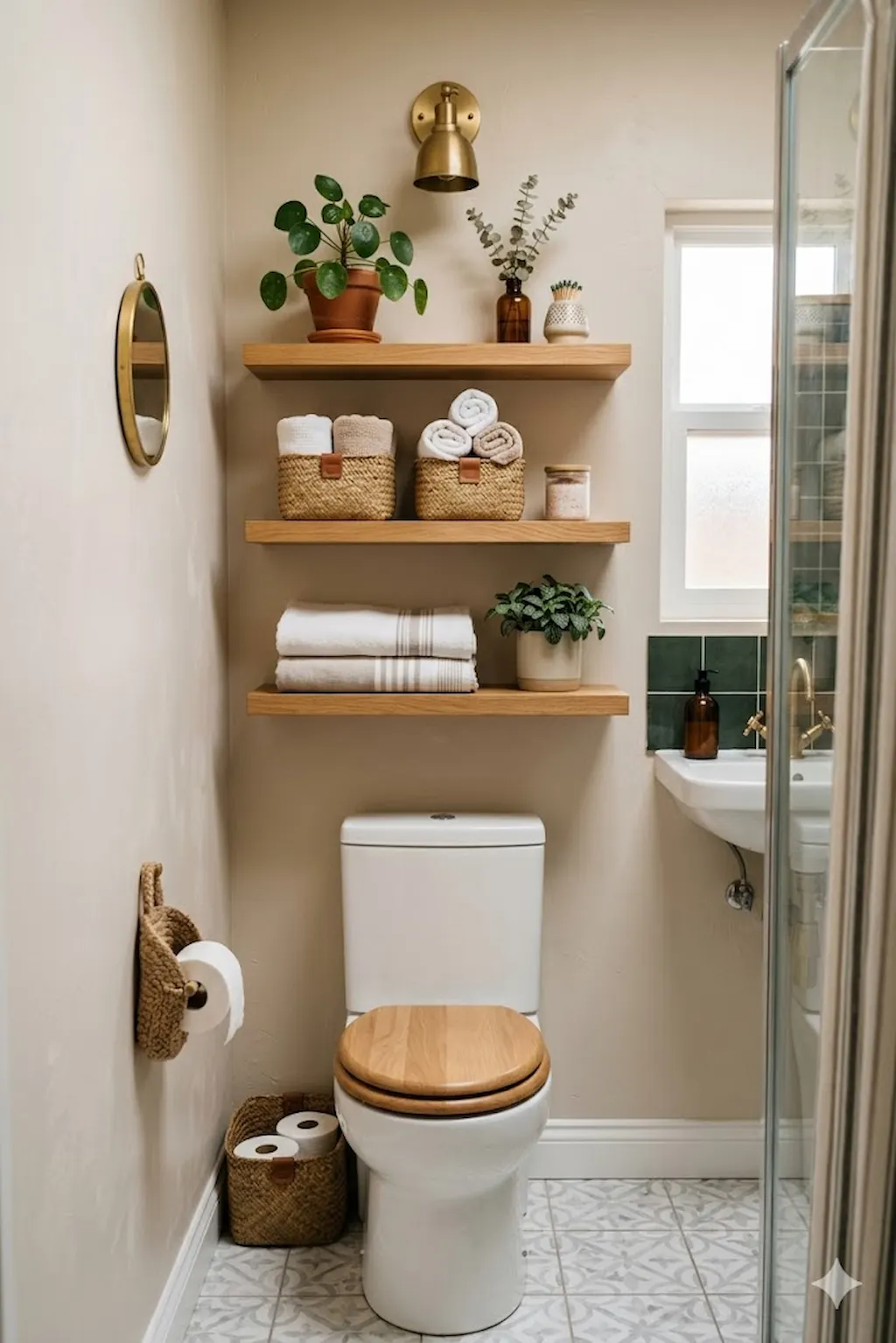 Small bathroom with floating shelves above the toilet displaying baskets and decor
