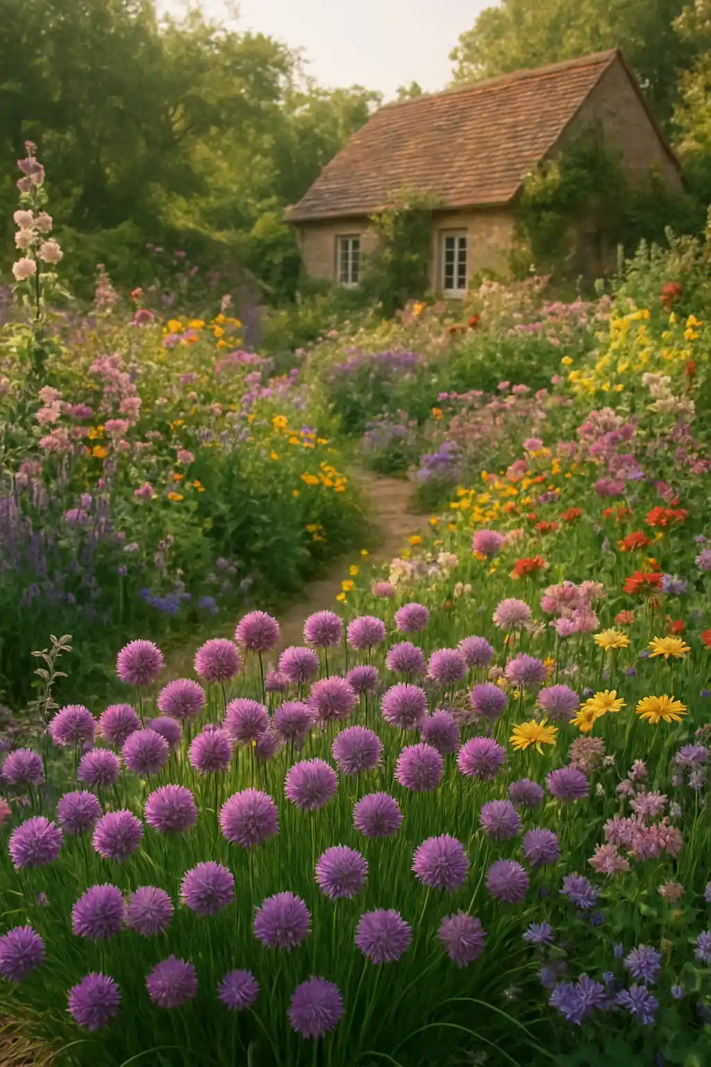 Purple chive flowers blooming in a colorful cottage garden