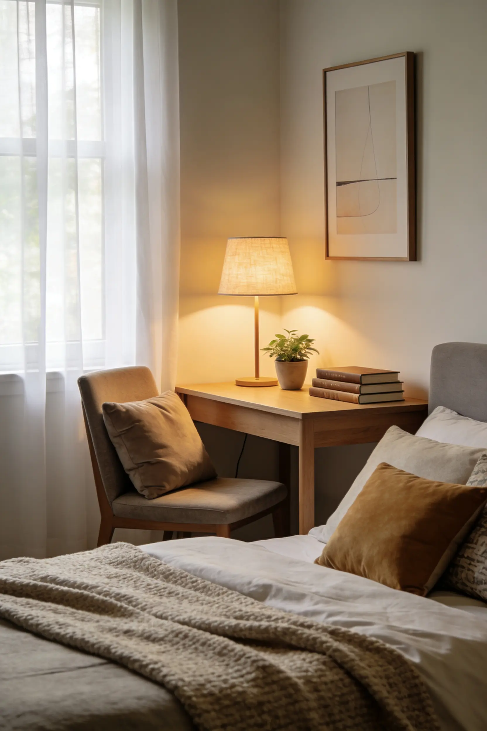 Bedroom corner featuring a comfortable study nook with desk and chair