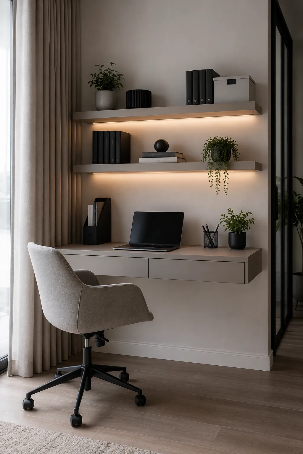 Bedroom corner featuring a comfortable study nook with desk and chair
