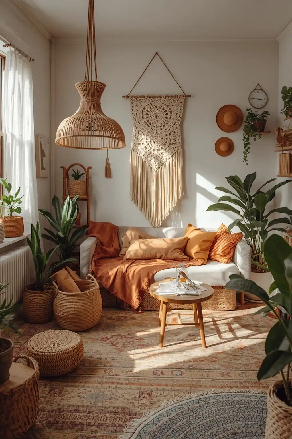 Bohemian-style studio apartment with plants, woven textures, and cozy decor
