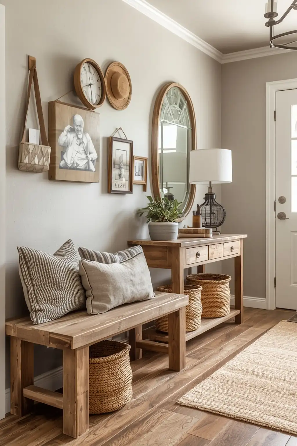 Farmhouse entryway with rustic wood furniture and charming decor