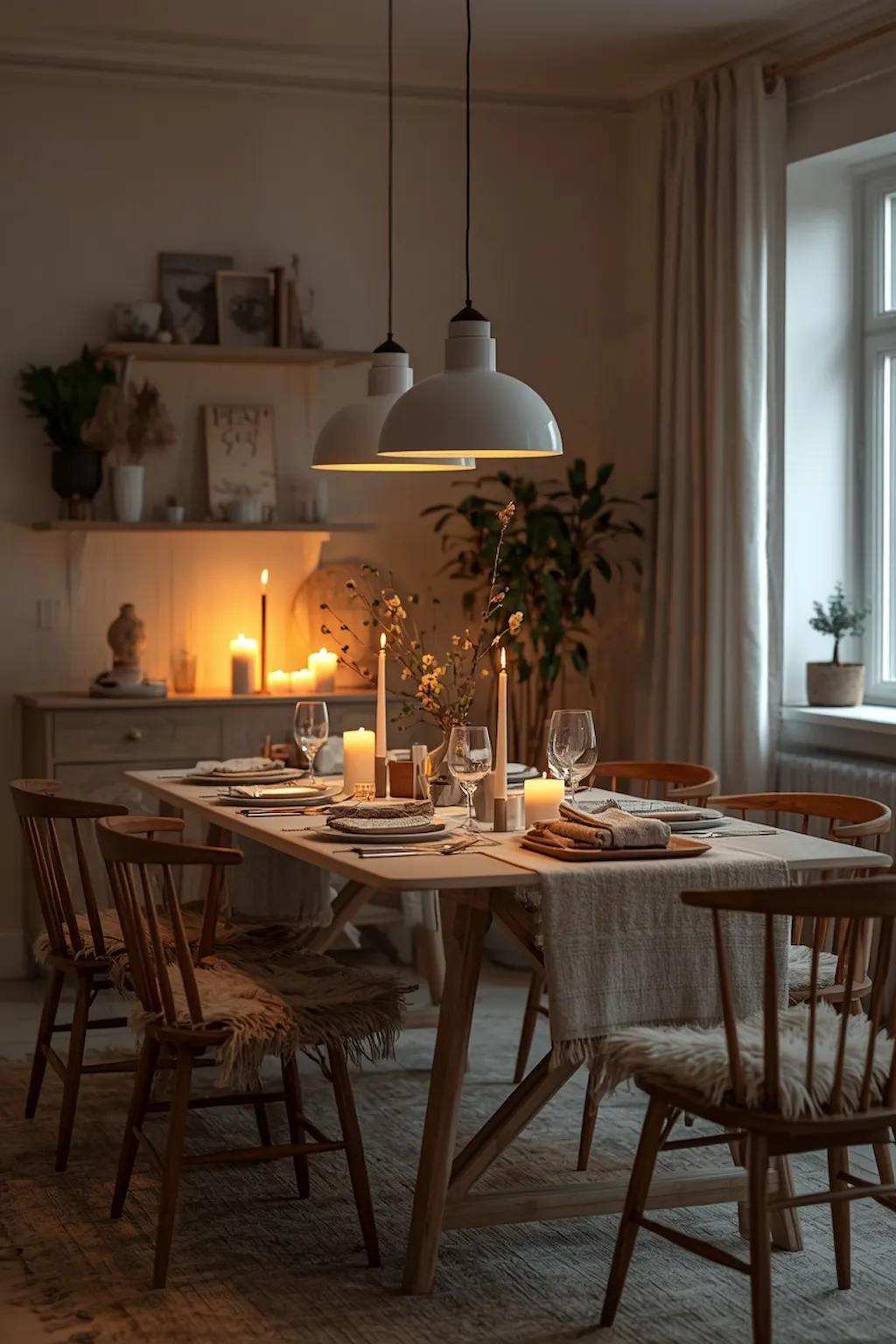 Warm hygge-inspired dining room with candles, soft lighting, and cozy textiles