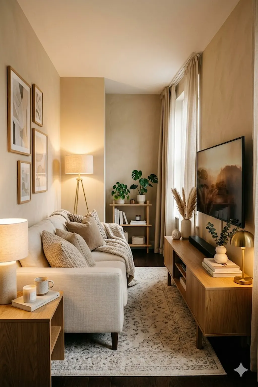 Warm neutral TV room featuring beige furniture and soft lighting