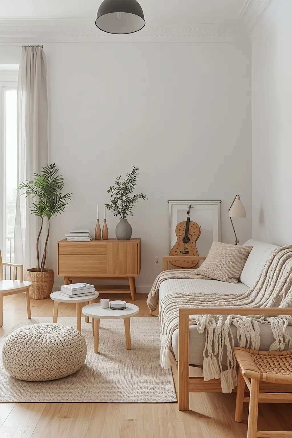 Scandinavian-inspired studio apartment with light wood furniture and soft neutral decor