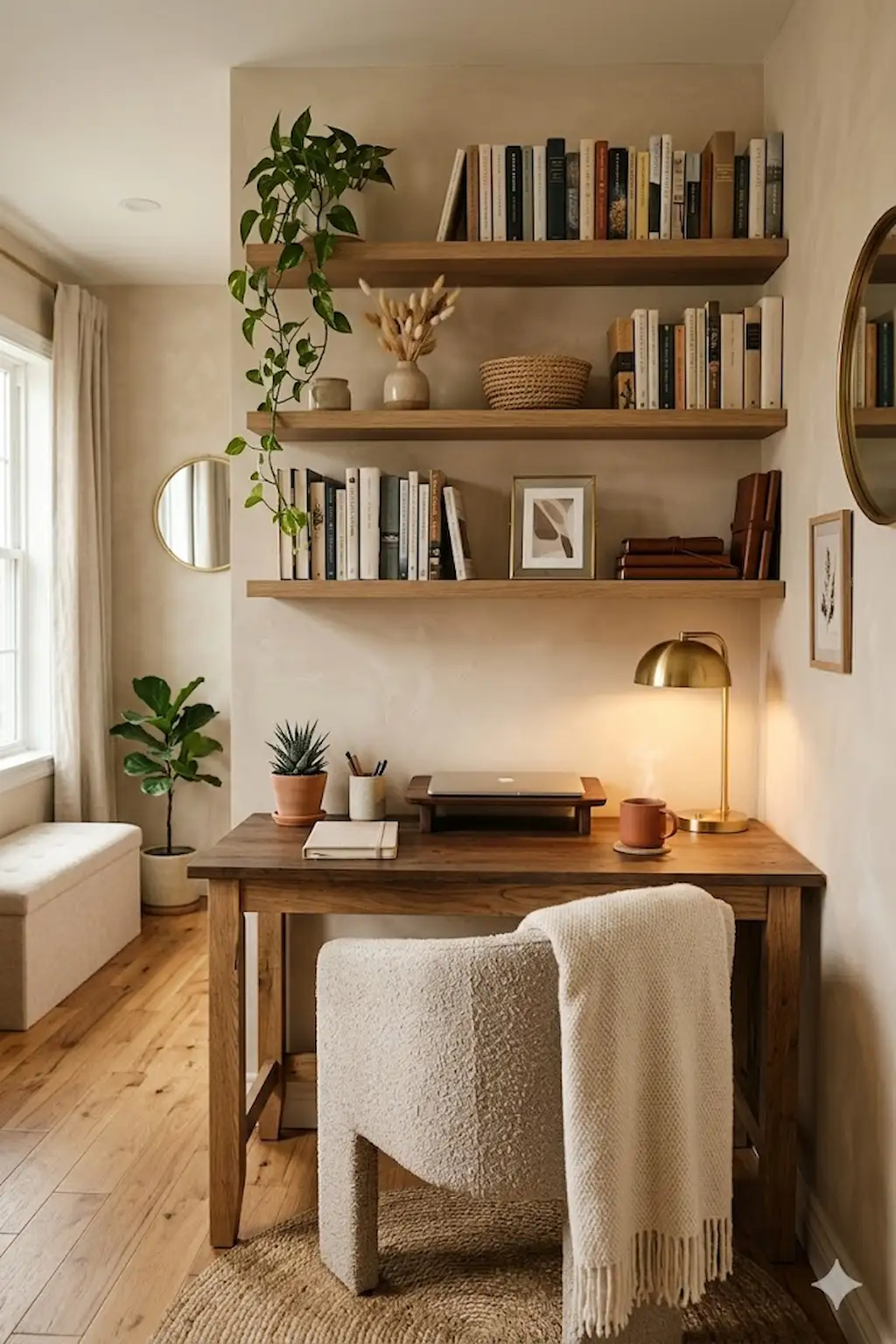 Cozy study area with floating shelves and warm lighting
