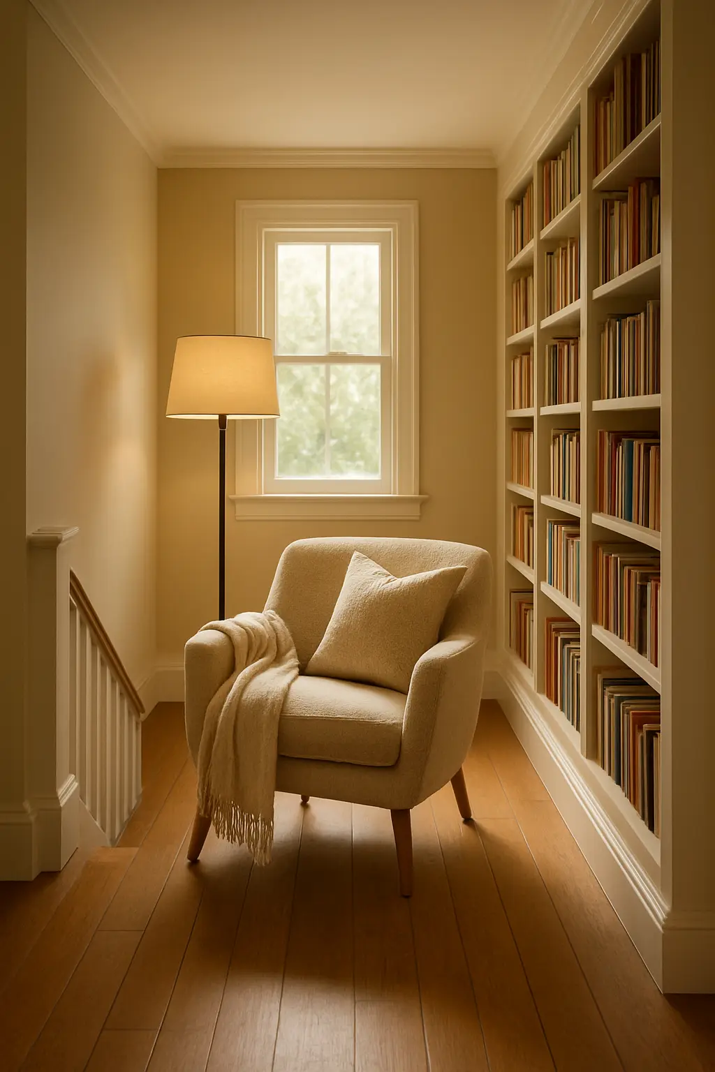 Comfortable reading nook in an upstairs hallway with chair, lamp, and bookshelves