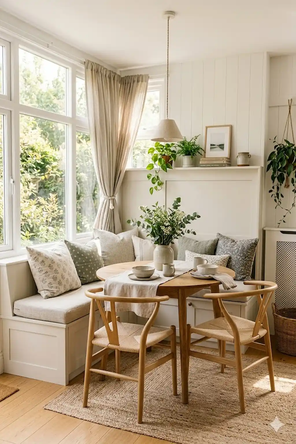 Small dining nook beside a sunny window with bench seating and modern decor