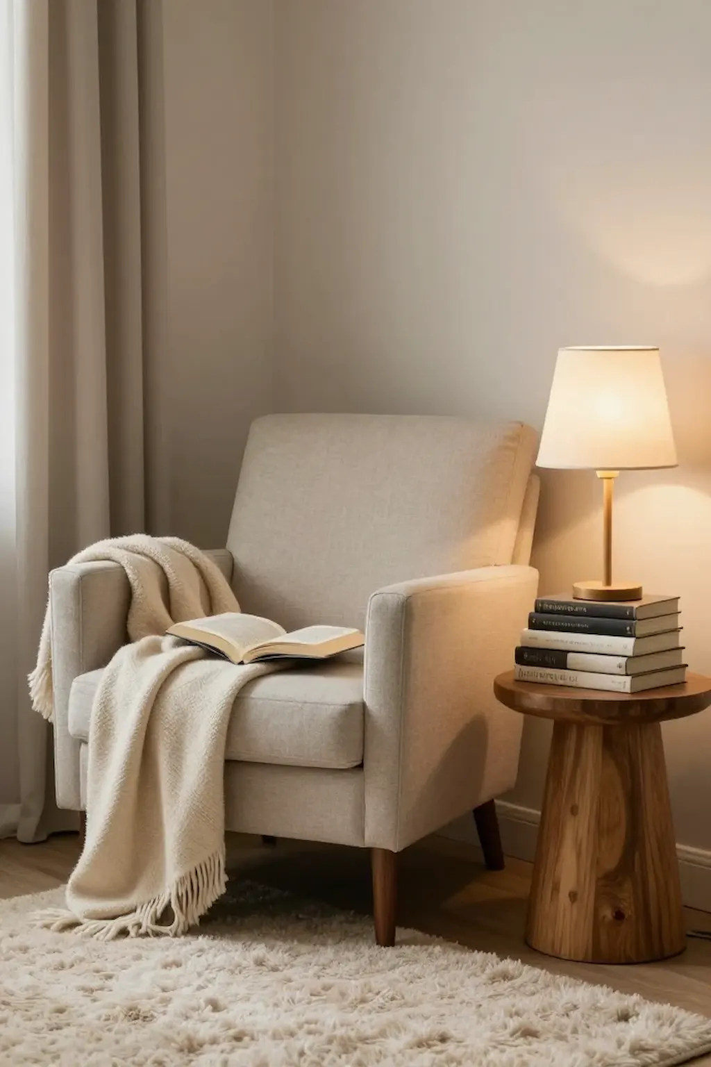 Cozy reading nook with armchair, lamp, books, and soft blankets