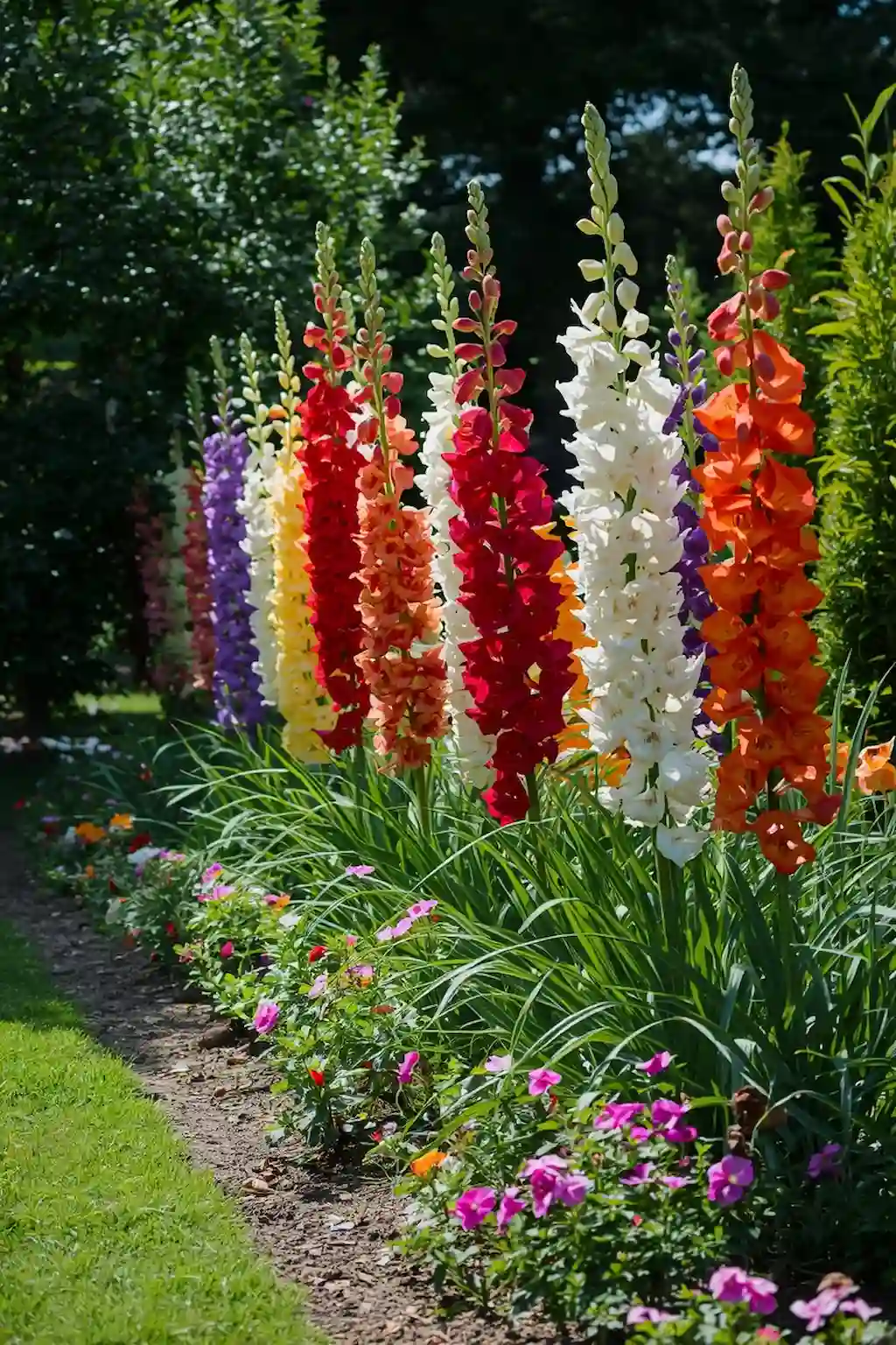 Colorful gladiolus border garden with tall flower spikes