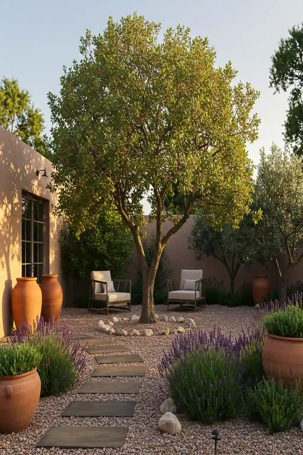 Mediterranean garden with pistachio tree, lavender, and terracotta pots