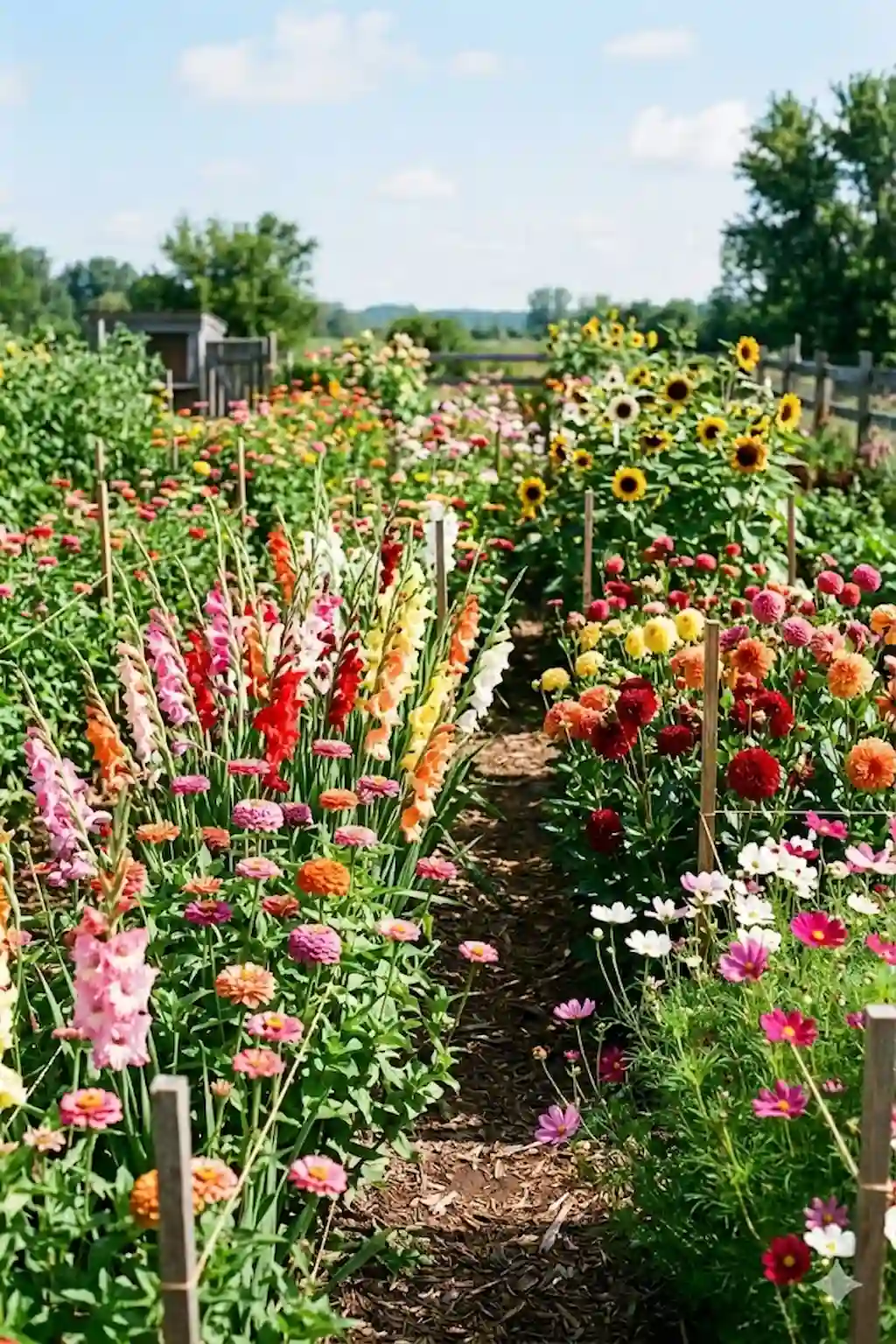 Cutting garden with gladiolus, zinnias, dahlias, and sunflowers