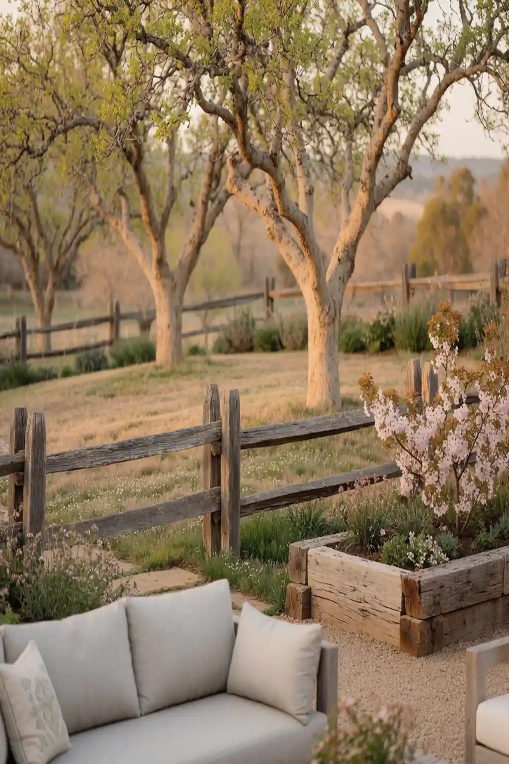 Rustic farmhouse garden with pistachio trees and gravel pathways