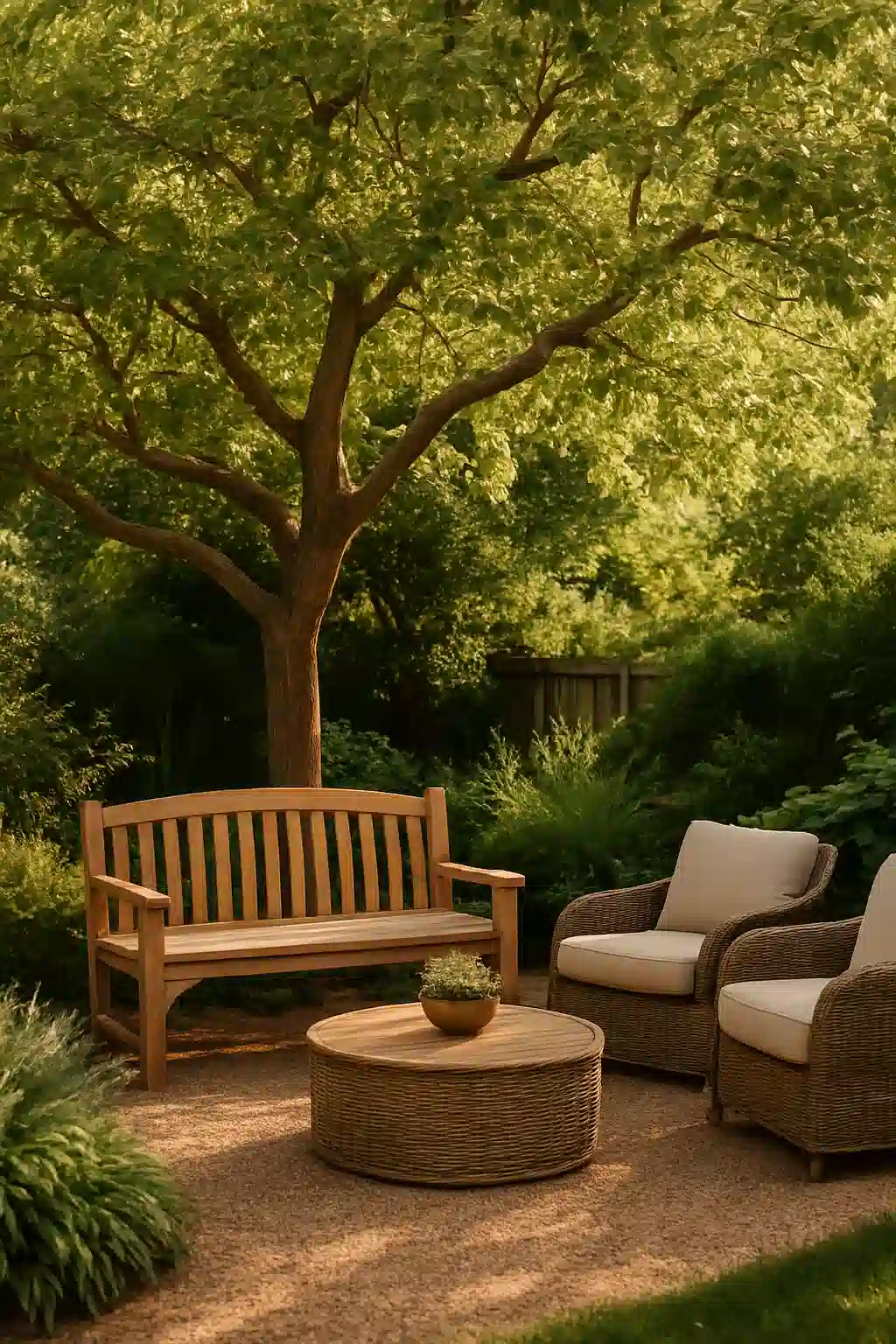 Outdoor seating area beneath a mature pistachio tree