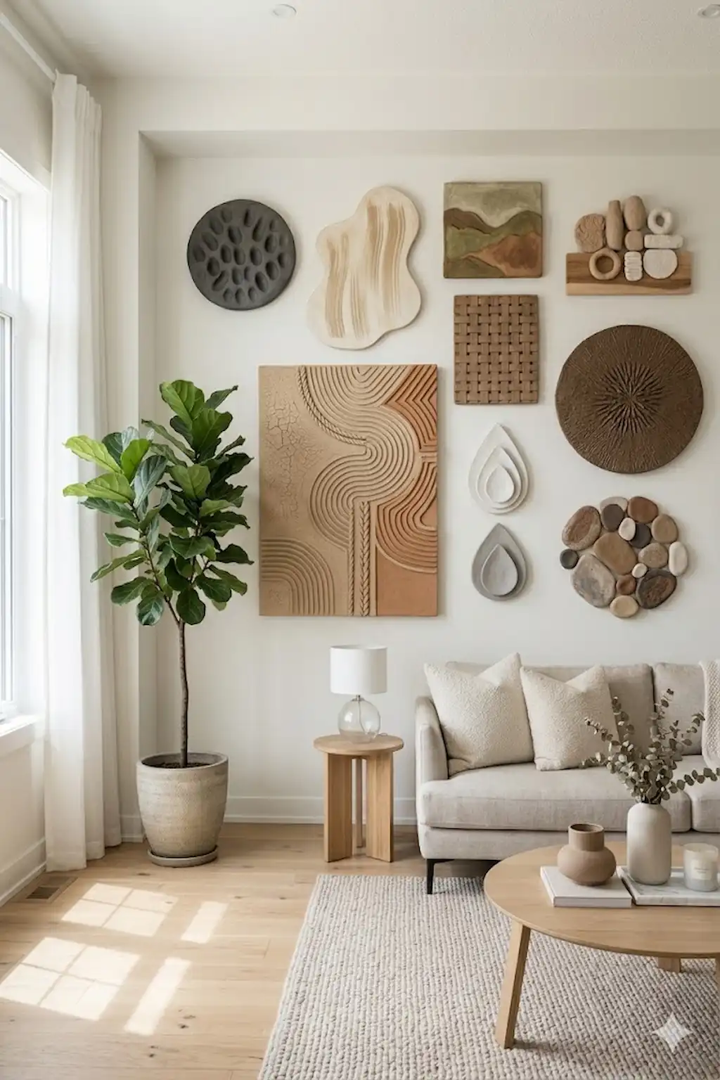 Handmade clay wall art featuring abstract shapes and textures on a modern wall.